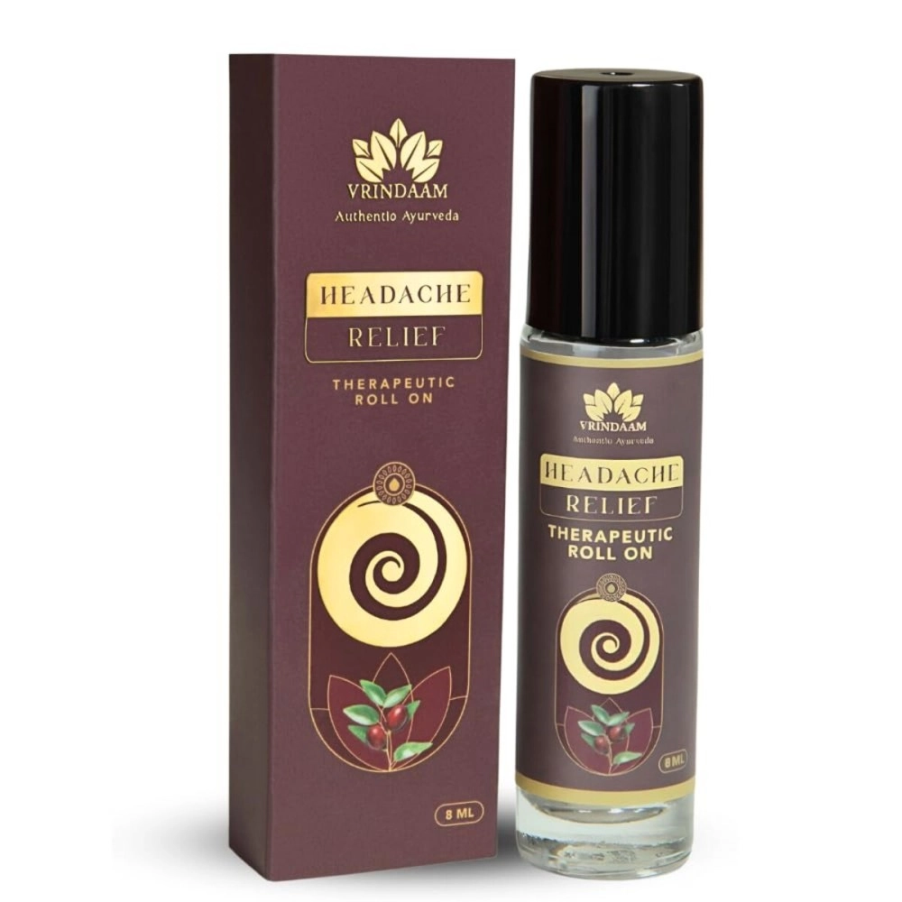 VRINDAAM Headache Relief Roll On Provide Relief From Headache | Made with Menthol Crystal, Camphor Blended with Winter Green, Eucalyptus, Rosemary Essential Oils & Jojoba Oil - 8 ML