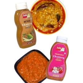 Add me 6 in 1 Chutneys Of Meethi sonth + Punjabi Garlic Chutney + Mixed Pickle + Dhania Pudina Sauce + Mango Methi Dana Pickles + Momo\'s chutney | 200-240G Each Pack of 6 Ready to eat Classic Indian