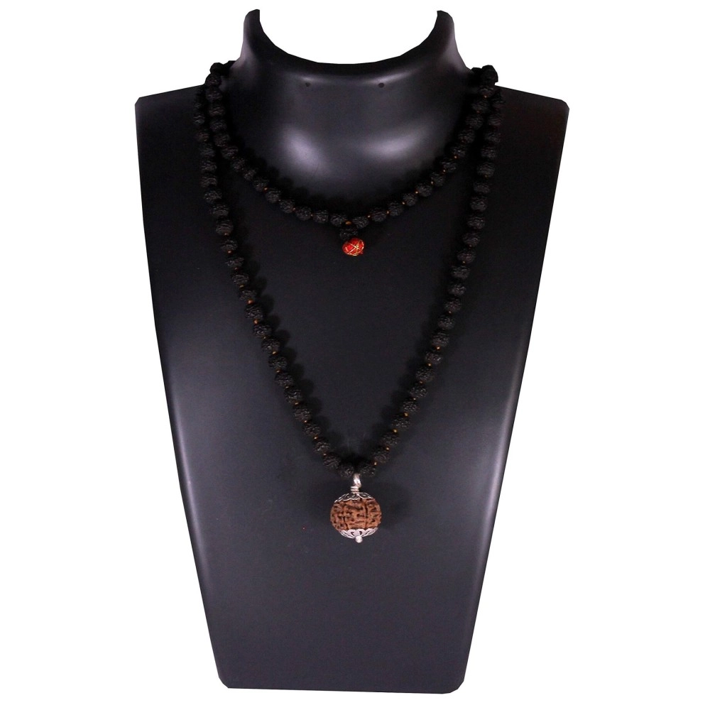 ShivaRatna 7 Mukhi Nepali Rudraksha Guru Mani with 108+1 Beads of 5 Mukhi Rudraksha Mala (Pure Silver Cap + Lab Certified)
