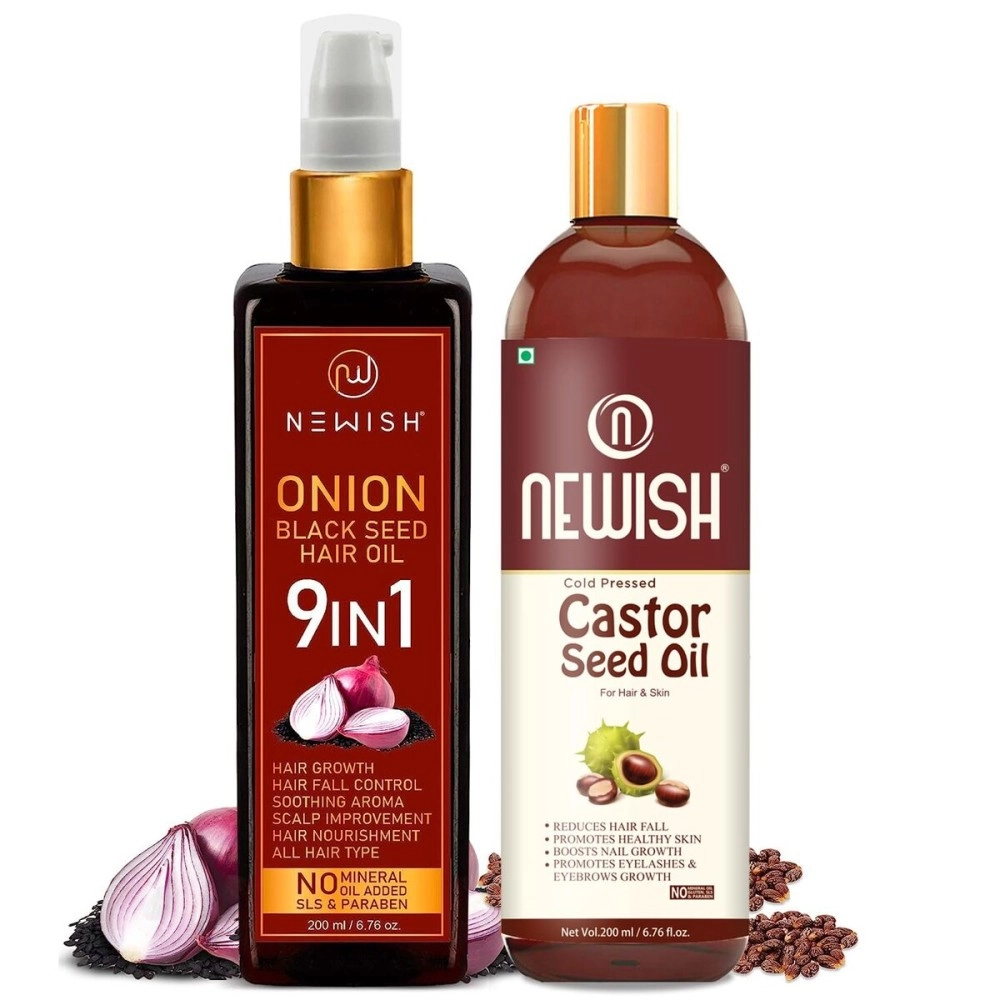Newish Red Onion Black Seed Oil & Newish Organic Cold Pressed Castor Oil for Hair Growth and Skin Care Women & Men