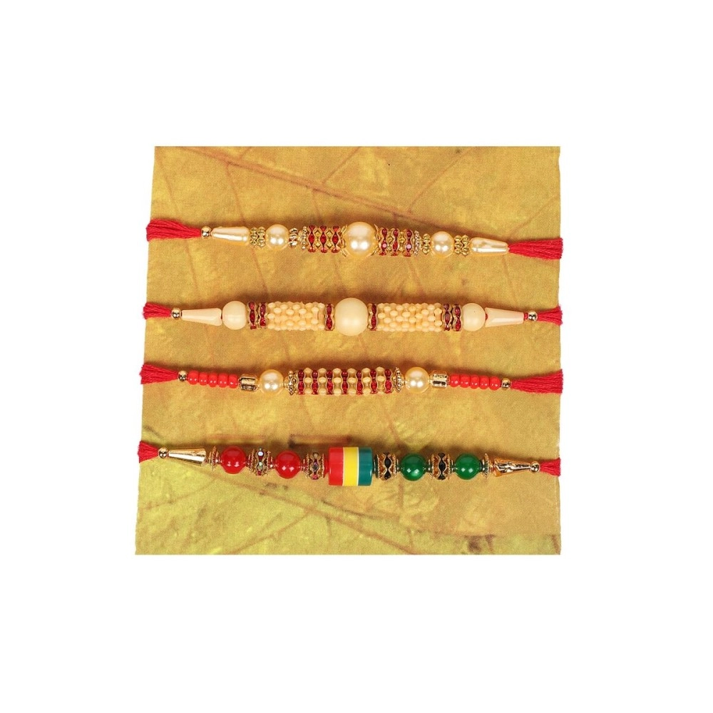 Riddhika Ventures Brown Rudraksh & Pearl Rakhi (Set of 4) with Roli Chawal & Greeting Card (J1K1O1D1S1)