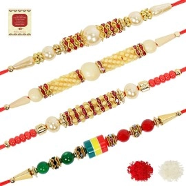 Riddhika Ventures Brown Rudraksh & Pearl Rakhi (Set of 4) with Roli Chawal & Greeting Card (J1K1O1D1S1)