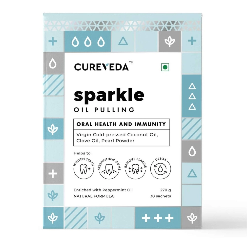 Cureveda Sparkle Oil Pulling for Mouth, Healthy Teeth & Stronger Gums | Herbal Mouthwash with Virgin Coconut Oil | For Mouth Detox & Fresh Breath | Peppermint Flavour (270 gm) (30 Sachet)
