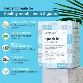 Cureveda Sparkle Oil Pulling for Mouth, Healthy Teeth & Stronger Gums | Herbal Mouthwash with Virgin Coconut Oil | For Mouth Detox & Fresh Breath | Peppermint Flavour (270 gm) (30 Sachet)
