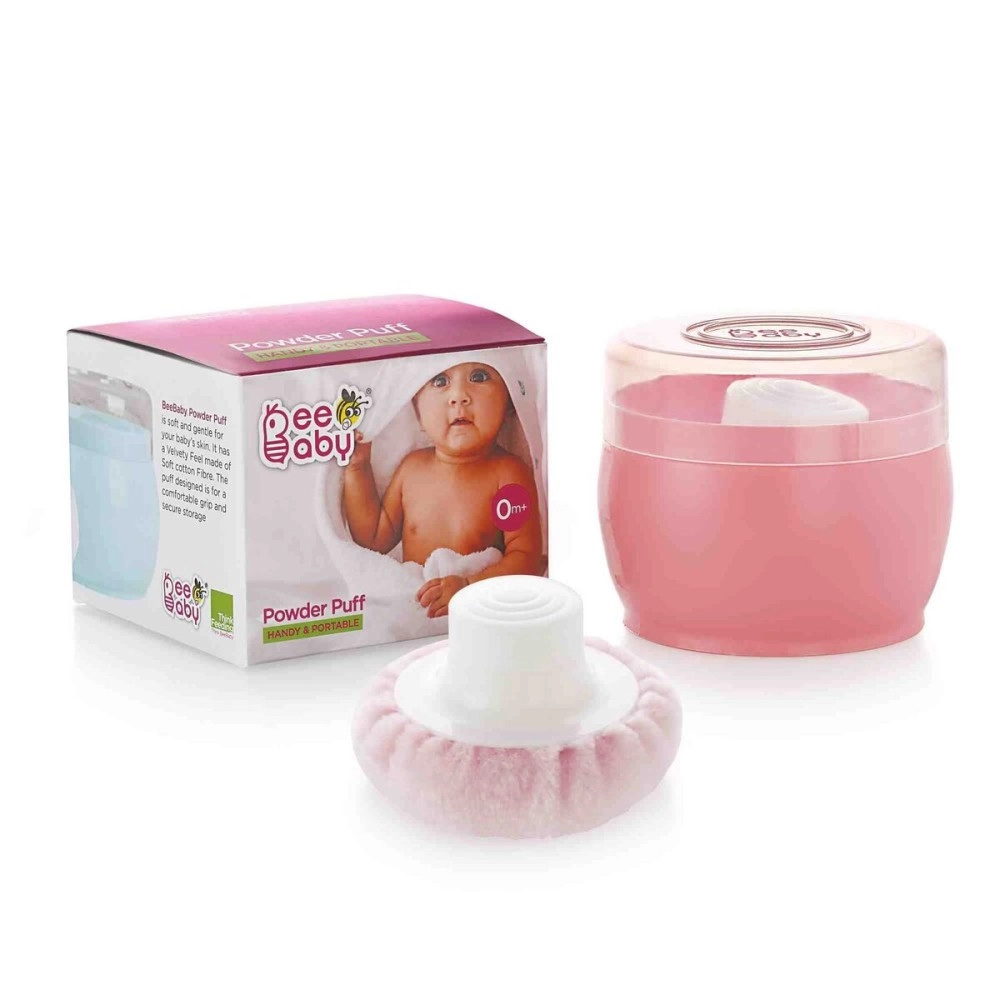 BeeBaby Premium Powder Puff with Conatiner for Baby (Pink,Pack of 1)