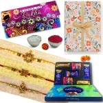 Almoda Creations 3 Panchdhatu Rakhi for Brother, Rakhi Greeting Card, Cadbury Celebrations Festive Chocolate Gift Box, Tilak Pouch & Kalawa Roll, Personalized Gift Message