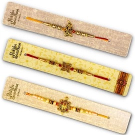 Almoda Creations 3 Panchdhatu Rakhi for Brother, Rakhi Greeting Card, Cadbury Celebrations Festive Chocolate Gift Box, Tilak Pouch & Kalawa Roll, Personalized Gift Message