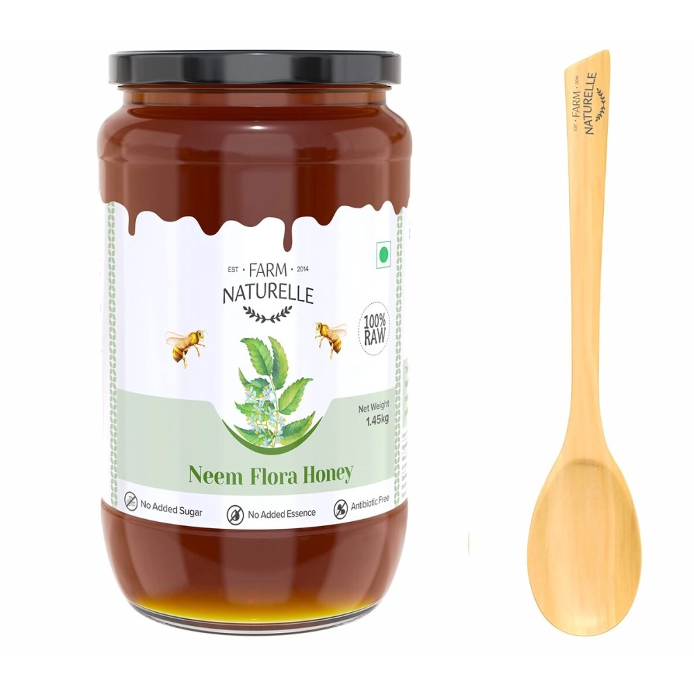 Farm Naturelle -Neem Forest Flower Honey|1.45 KG -Glass Bottle and a Wooden Spoon | 100% Pure Honey, Raw Natural Unprocessed Honey | Glass Bottle-Neem Honey .