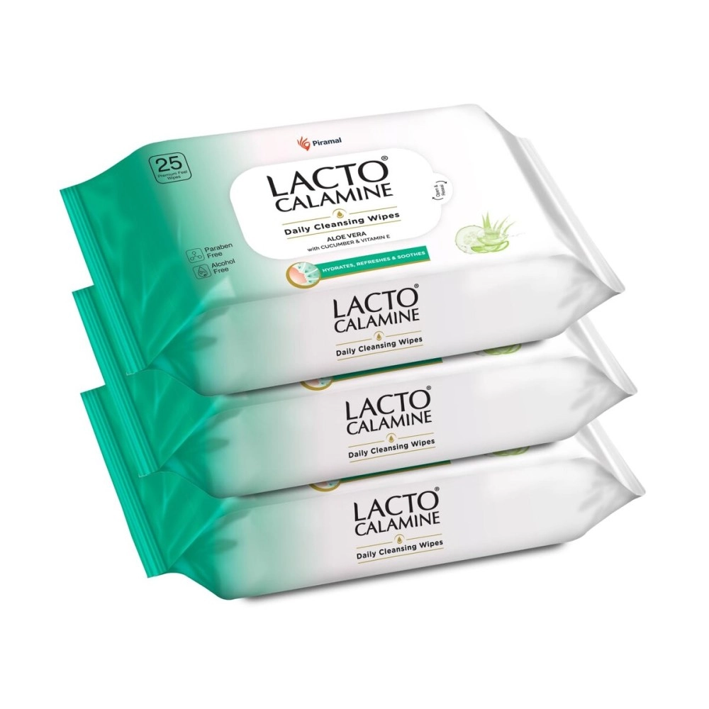 Lacto Calamine Daily Cleansing Face Wipes with Aloe Vera, Cucumber and Vitamin E (25 wipes) Pack of 3