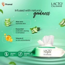 Lacto Calamine Daily Cleansing Face Wipes with Aloe Vera, Cucumber and Vitamin E (25 wipes) Pack of 3