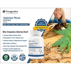 Trexgenics VALERIAN Root 500mg Standardized (0.8% Valerenic acid) Sleep, Stress,Mood,Relax, Migraine, Anxiety Support(60 Vcaps) (1)