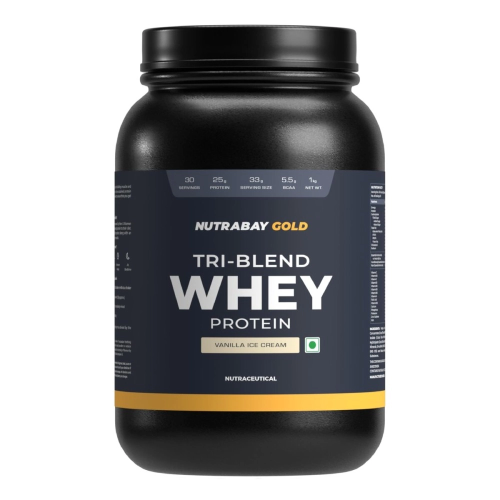 Nutrabay Gold Tri Blend Whey Protein Powder - 1kg, Cold coffee | 25g Protein, 5.5g BCAA | Concentrate, Isolate, Hydrolyzed Protein | Muscle Growth & Recovery | Gym Supplement for Men & Women
