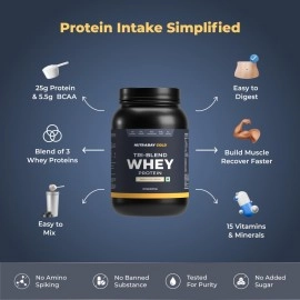 Nutrabay Gold Tri Blend Whey Protein Powder - 1kg, Cold coffee | 25g Protein, 5.5g BCAA | Concentrate, Isolate, Hydrolyzed Protein | Muscle Growth & Recovery | Gym Supplement for Men & Women