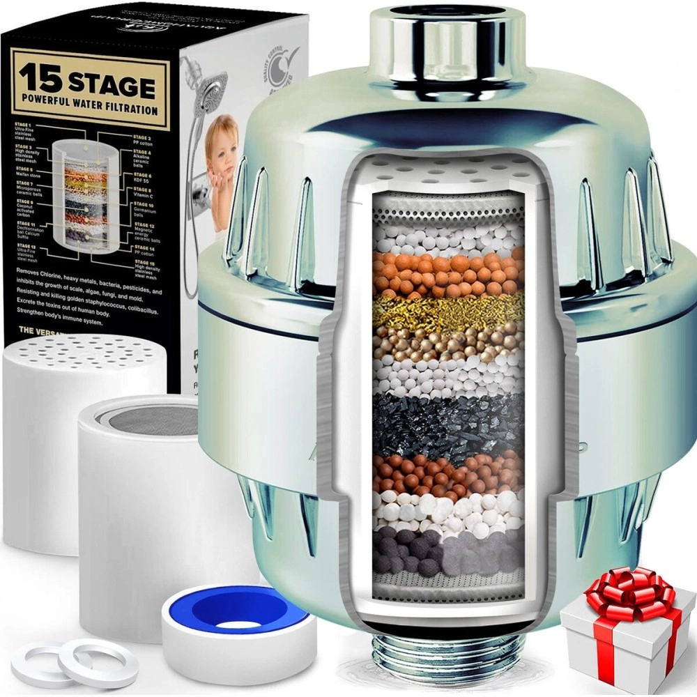 AquaHomeGroup 15 Stage Shower Filter with Vitamin C for Hard Water - High Output Shower Water Filter to Remove Chlorine and Fluoride - 2 Cartridges Included -Consistent Water Flow Showerhead Filter