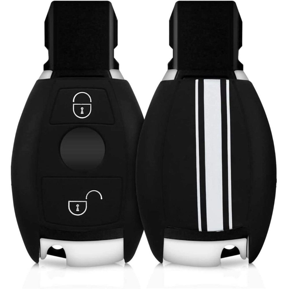JVCV Silicone Key Cover Compatible with Mercedes Benz C E M S CLS CLK GLK GLC G Class 2 Button Smart Key - Rally Stripe (Black White)