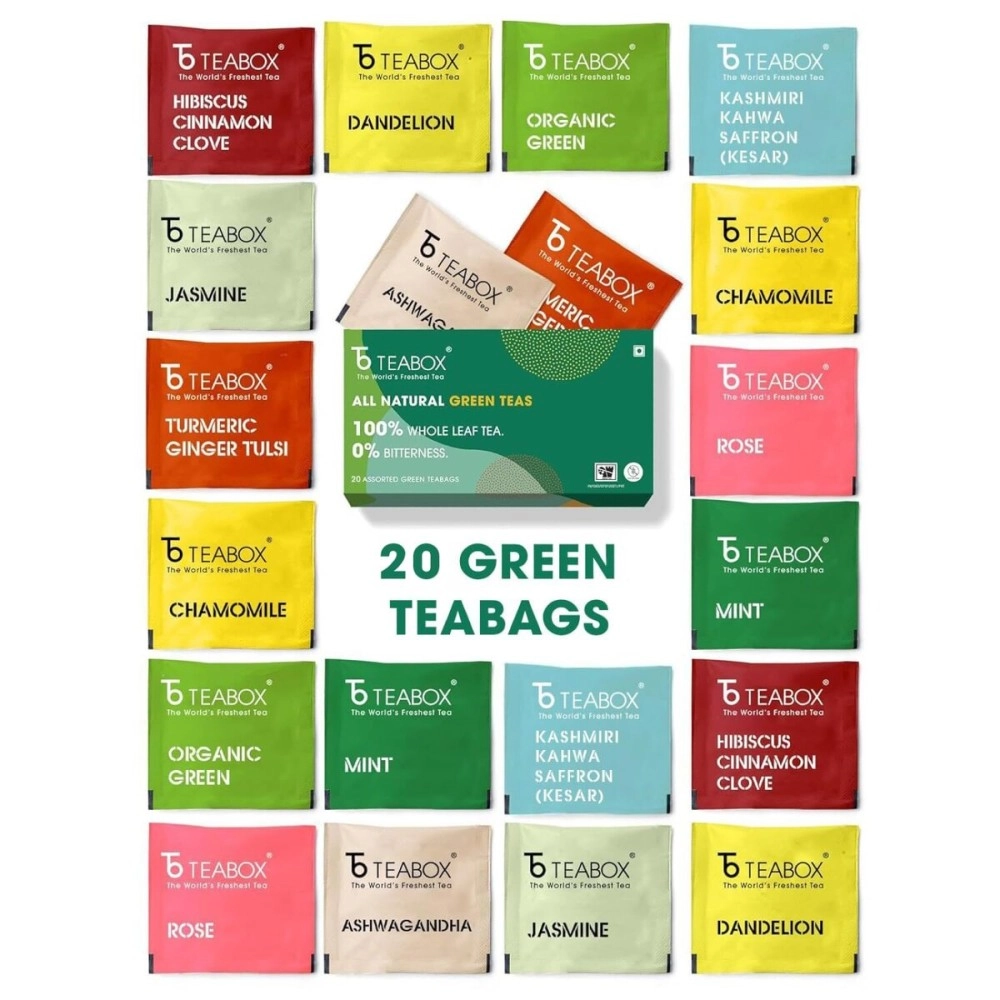 Teabox Wellness Green Tea Sampler Pack - 20 Assorted Tea Bags, 10 Flavors  2 Each | Whole Leaf, 0% Bitterness | Green Tea Variety Pack for Every Mood
