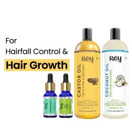 Rey Naturals hair oils combo/hair care kit (Castor oil + Coconut oil + Tea tree oil + Rosemary oil) controls hairfall - For healthy hair - No Mineral Oil, Silicones & Synthetic Fragrance