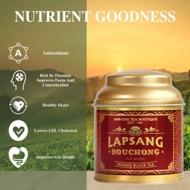 SAN-CHA Tea Boutique Lapsang Souchong Smoked Tea|Russian Caravan Tea|Single Malt Whisky Like Notes|Robust|Pleasurable and Smooth (25Cups+)|Smoked Tea Leaves|50gms Loose Leaf Tea