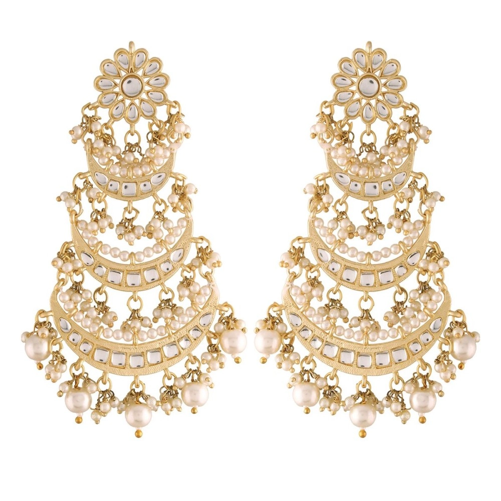 I Jewels 18k High Gold Matt Finish Plated Long 3 Layered Beaded Chandbali Earrings with Kundan & Pearl Work for Women (E2859)