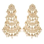I Jewels 18k High Gold Matt Finish Plated Long 3 Layered Beaded Chandbali Earrings with Kundan & Pearl Work for Women (E2859)