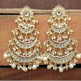 I Jewels 18k High Gold Matt Finish Plated Long 3 Layered Beaded Chandbali Earrings with Kundan & Pearl Work for Women (E2859)
