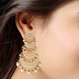 I Jewels 18k High Gold Matt Finish Plated Long 3 Layered Beaded Chandbali Earrings with Kundan & Pearl Work for Women (E2859)