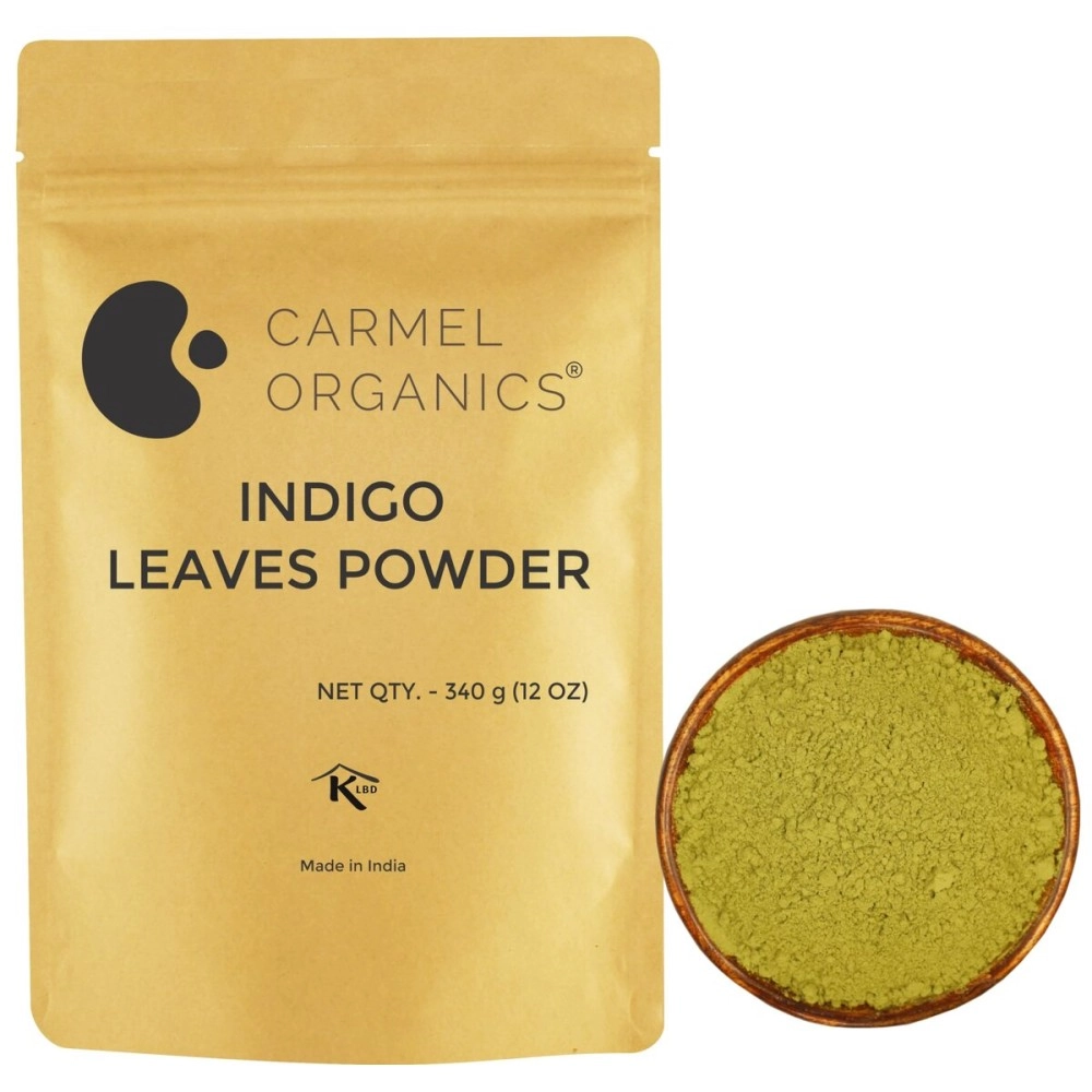 CARMEL ORGANICS Indigo Leaves Powder (340 Grams) - Natural Hair Colorant for Black/Brown, Includes Gloves & Cap, No Added Colors or Preservatives, Avuri Akulu, Indigofera Tinctoria