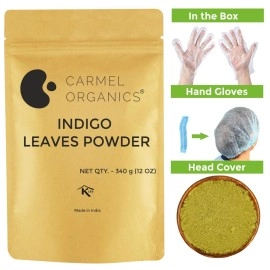 CARMEL ORGANICS Indigo Leaves Powder (340 Grams) - Natural Hair Colorant for Black/Brown, Includes Gloves & Cap, No Added Colors or Preservatives, Avuri Akulu, Indigofera Tinctoria