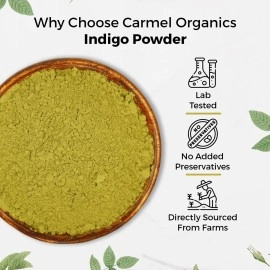 CARMEL ORGANICS Indigo Leaves Powder (340 Grams) - Natural Hair Colorant for Black/Brown, Includes Gloves & Cap, No Added Colors or Preservatives, Avuri Akulu, Indigofera Tinctoria