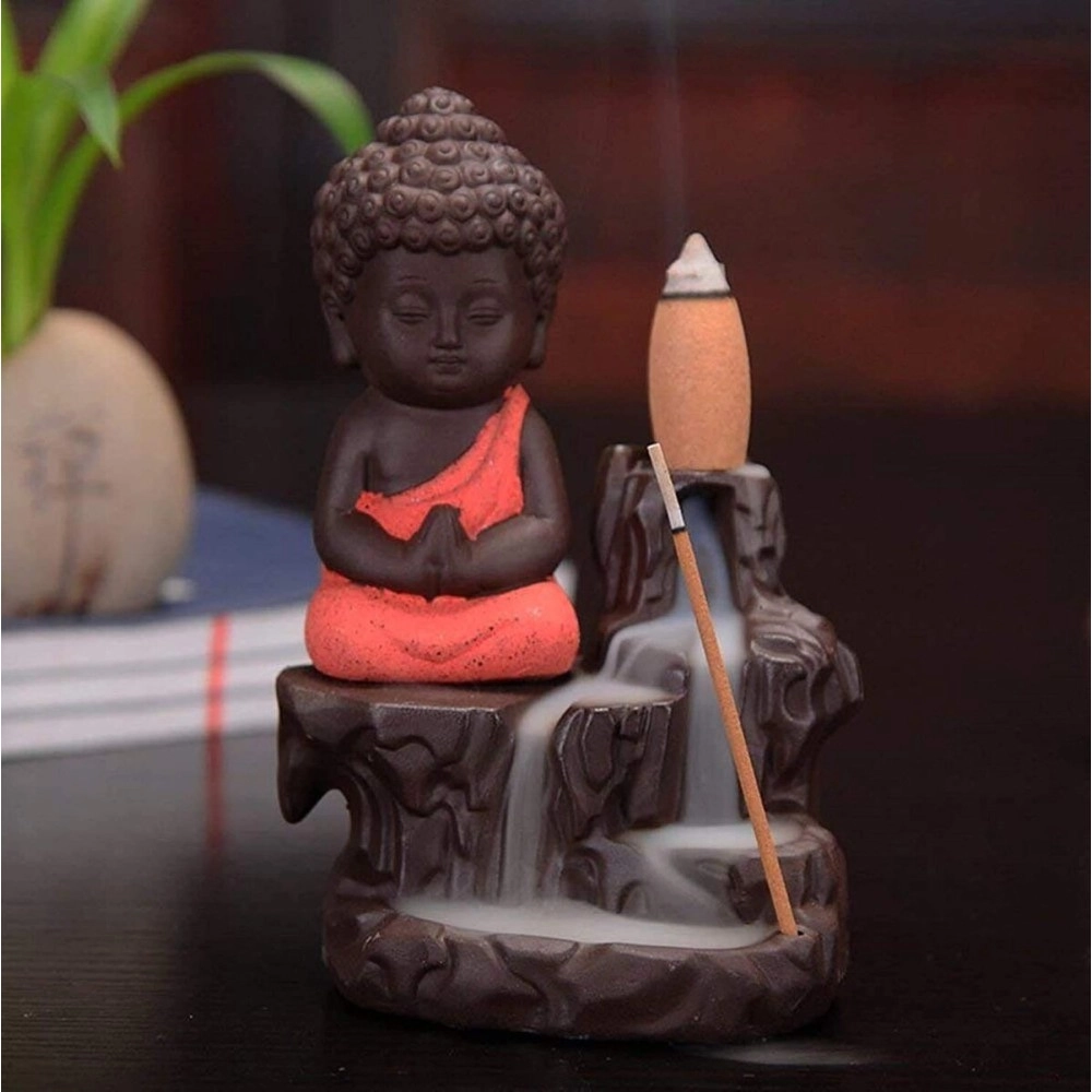 HC VILLA Poly Resin Figurine Little Meditating Buddha Backflow Smoke (Free 10 Cones), Fountain Incense Burner Holder, Idol for Living Room & Bed Room, Home Decorative Showpiece (7 x 7 x 12 CM)