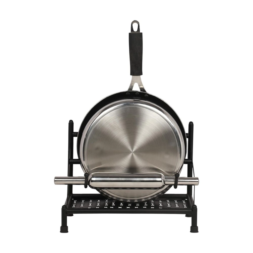 Rollyware Iron Black Belan and Chakla Stand, Belan Tava Rolling Pin Holder, Heavyweight, Durable Chakla Holder for Kitchen, 4in1 Kitchen Rack