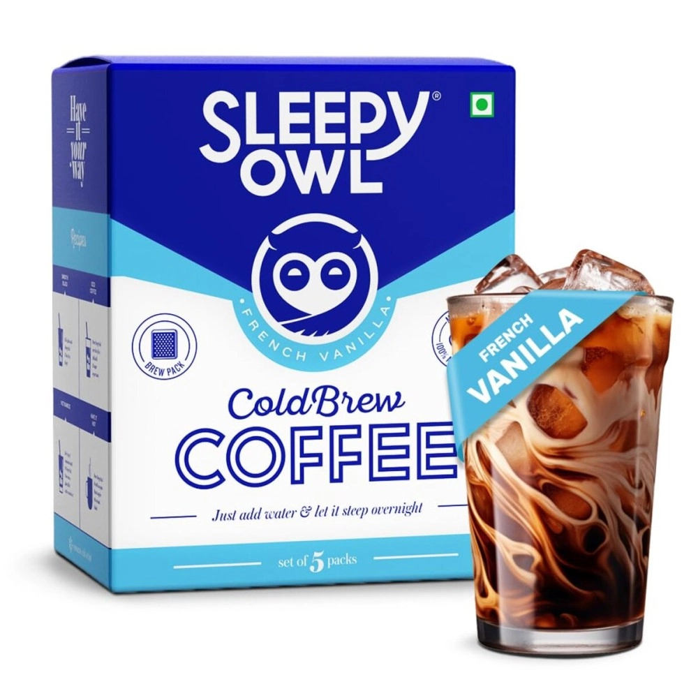 Sleepy Owl Coffee French Vanilla Cold Brew Packs | Set of 5 Packs - Makes 15 Cups |3 Step Brew - No Equipment Required | 100% Arabica Beans - Sourced Directly from Farms