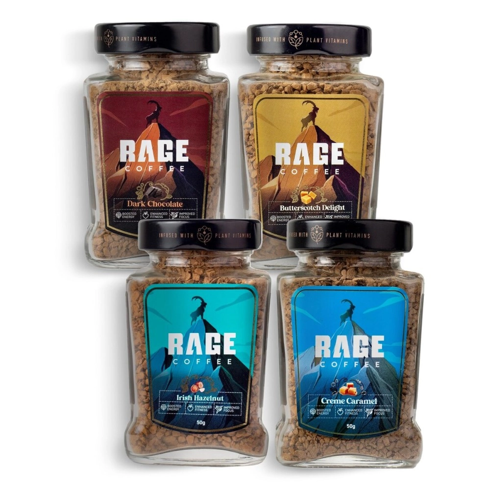Rage Coffee Pack of 4 Flavours - Irish Hazelnut, Dark Chocolate, Creme Caramel, Butterscotch Delight 50 Gms Each (Pack of 4)