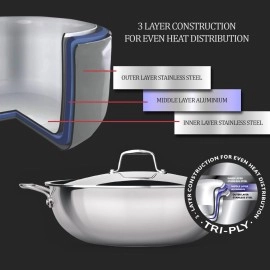 Milton Pro Cook Triply Stainless Steel Kadhai with Lid, 28 cm / 4.6 Litre