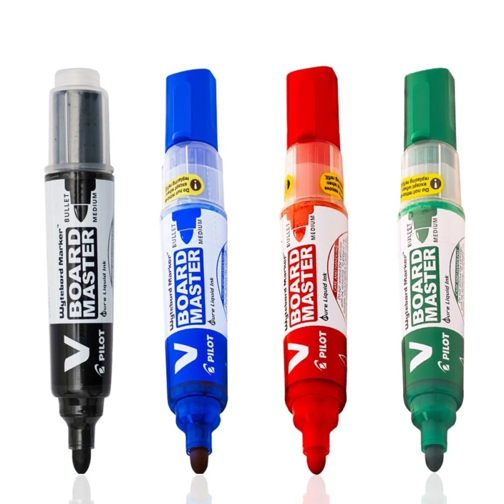 Pilot V Board Master Medium Bullet Tip Liquid Ink Pen with Replacable Tip & Ink Cartridge | Pack Of 4 - Black, Blue, Red & Green
