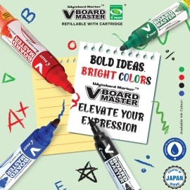 Pilot V Board Master Medium Bullet Tip Liquid Ink Pen with Replacable Tip & Ink Cartridge | Pack Of 4 - Black, Blue, Red & Green