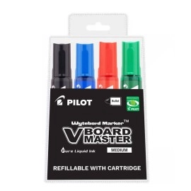 Pilot V Board Master Medium Bullet Tip Liquid Ink Pen with Replacable Tip & Ink Cartridge | Pack Of 4 - Black, Blue, Red & Green