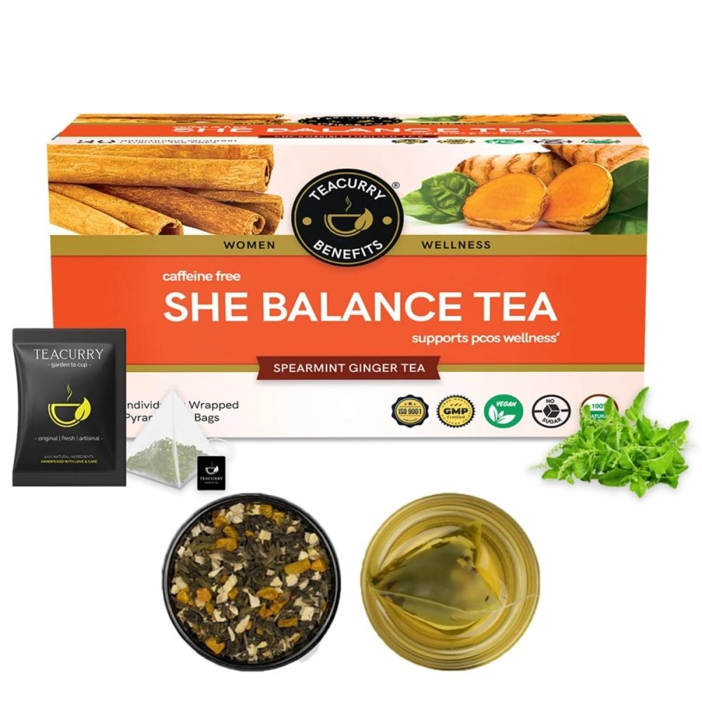 TEACURRY Pcos Tea (1 Month Pack, 30 Tea Bags) - Helps With Hormone, Period And Weight - Pcos Pcod Tea - She Balance Ginger Tea, 60 Gms