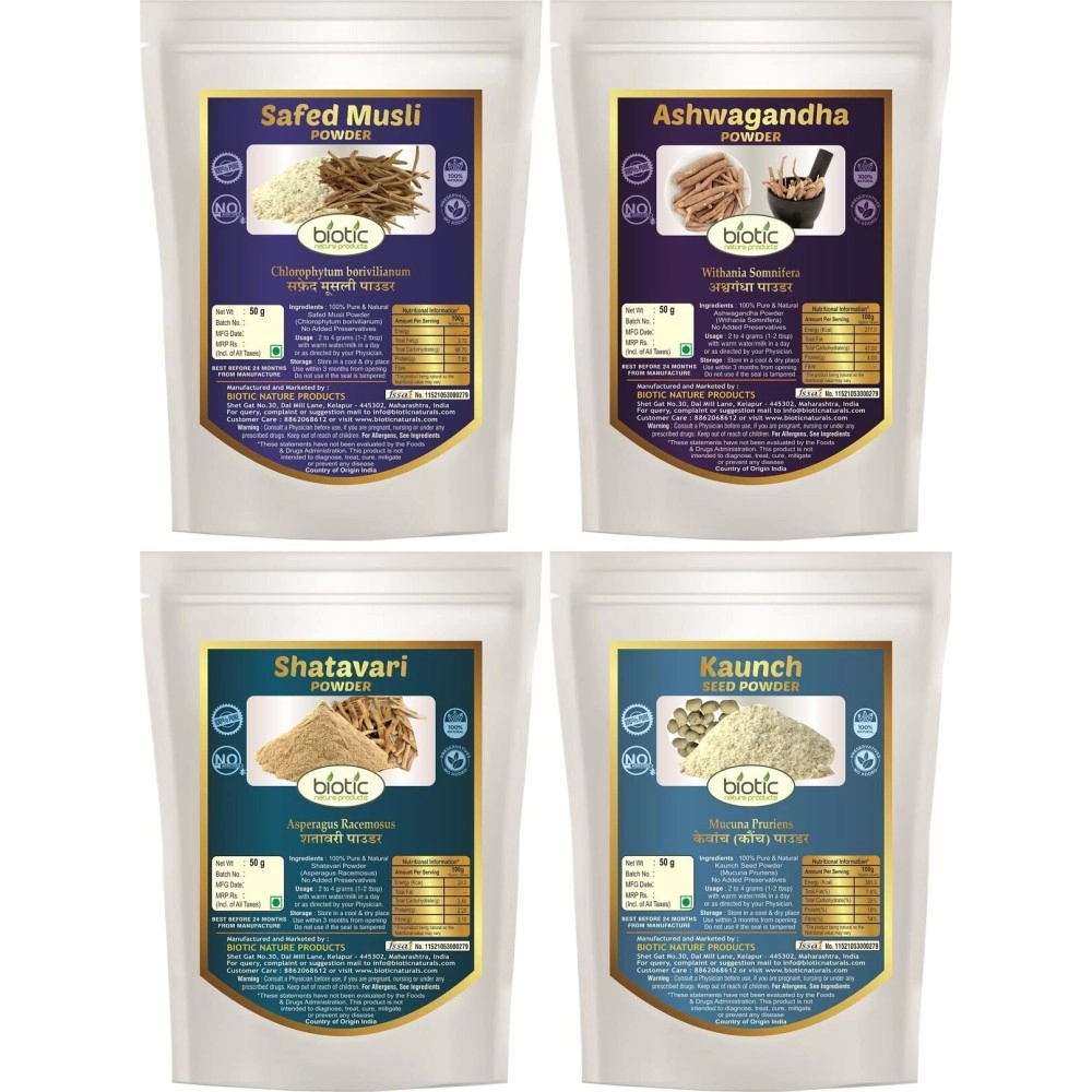 Biotic Safed Musli, Ashwagandha, Shatavari & Kaunch Seed Powder - 200gms (50gms each)
