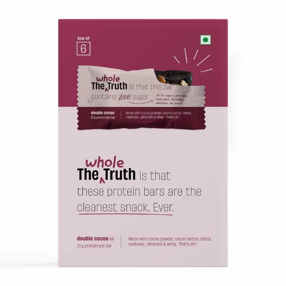 The Whole Truth - Protein Bars - Double Cocoa - Pack of 6 (6 x 52g) - No Added Sugar - All Natural