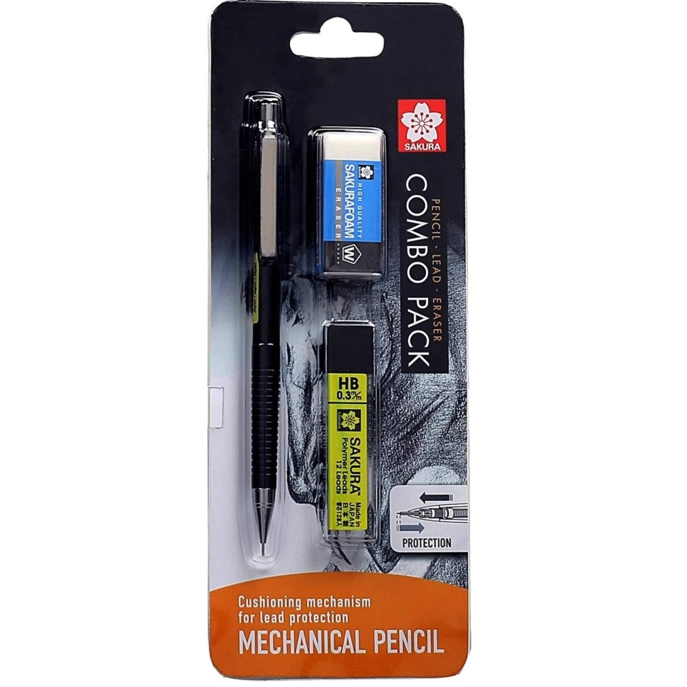 Sakura Cushioning Point Mechanical Pencil Starter set with lead refill, (HB, 0.3) and eraser (Black)