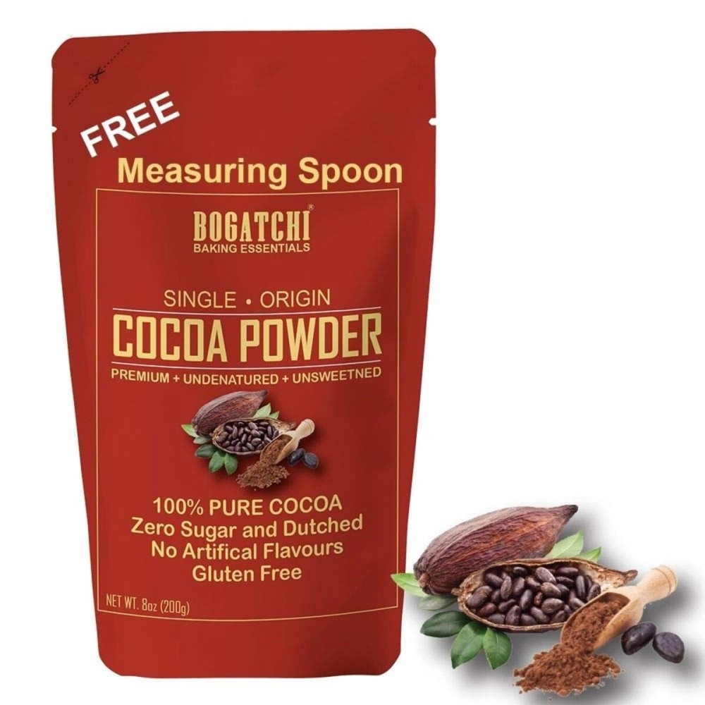 BOGATCHI Hot Chocolate Drinking Powder, Natural and Single Origin , No Sugar| Vegan | Gluten Free| Keto Chocolate, Dark Unsweetened Cocoa Powder, 200g , Free Measuring Spoon