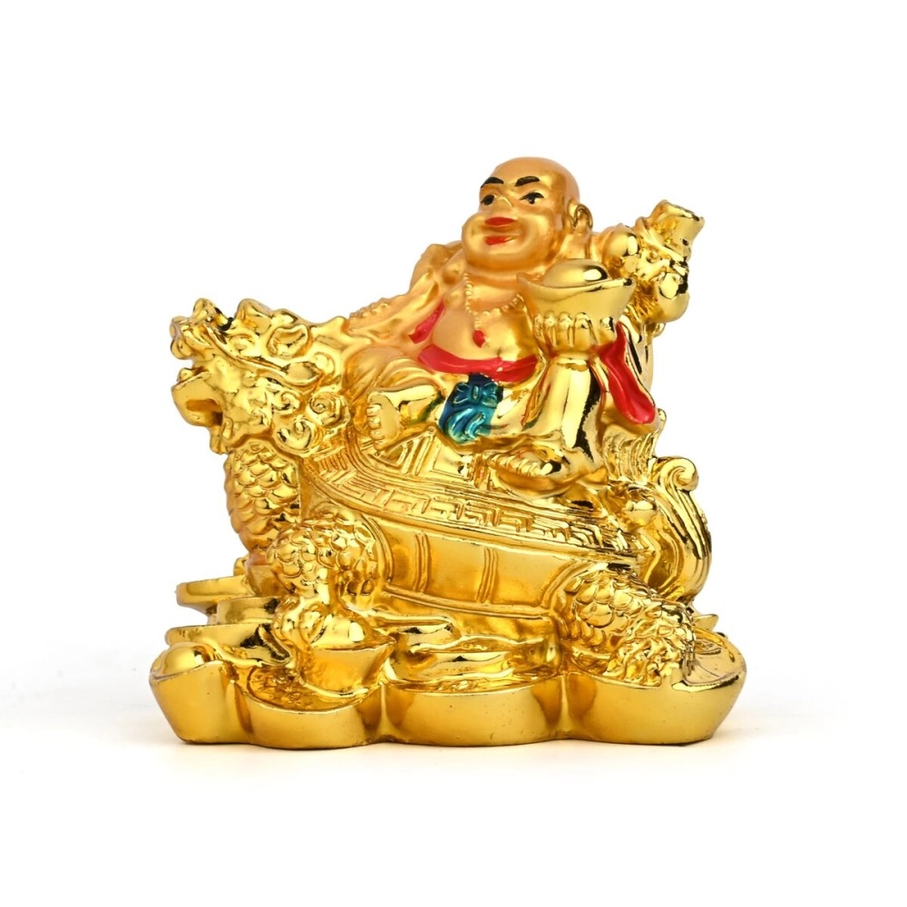 Shoppersduniya Fengshui Laughing Buddha Sitting On Back Of Dragon Headed Tortoise With Ingot In Hand For Good Luck And Success Home Showpiece Decor(Golden)