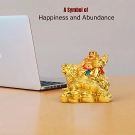 Shoppersduniya Fengshui Laughing Buddha Sitting On Back Of Dragon Headed Tortoise With Ingot In Hand For Good Luck And Success Home Showpiece Decor(Golden)