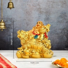 Shoppersduniya Fengshui Laughing Buddha Sitting On Back Of Dragon Headed Tortoise With Ingot In Hand For Good Luck And Success Home Showpiece Decor(Golden)