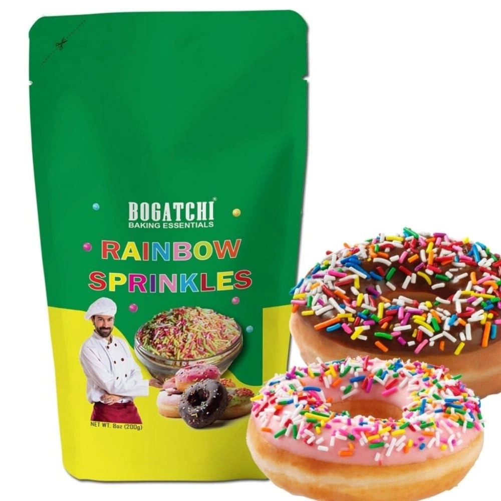BOGATCHI Colorful Rainbow Sprinkles, Non - GMO |Tasty | Gluten Free, Mixed Colorful Sprinkles for Cakes Decoration, 200g , Free Measuring Spoon