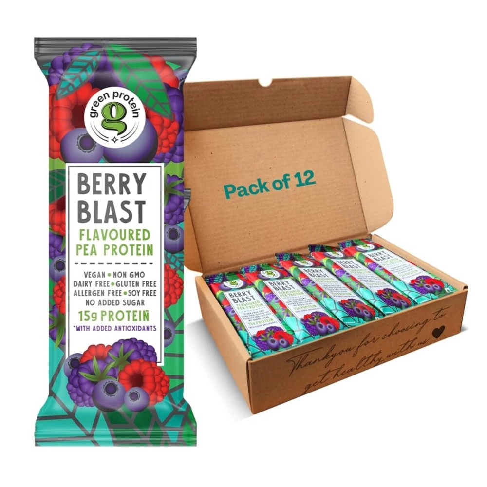 GREEN PROTEIN Pea Protein Isolate Powder, Vegan Plant Protein, 15gm Protein Per Serving, No Added Sugar, 100% Vegan, Soy Free, Dairy Free, Allergen Free, Berry Blast Flavor, Pack Of 12, 23 gm each