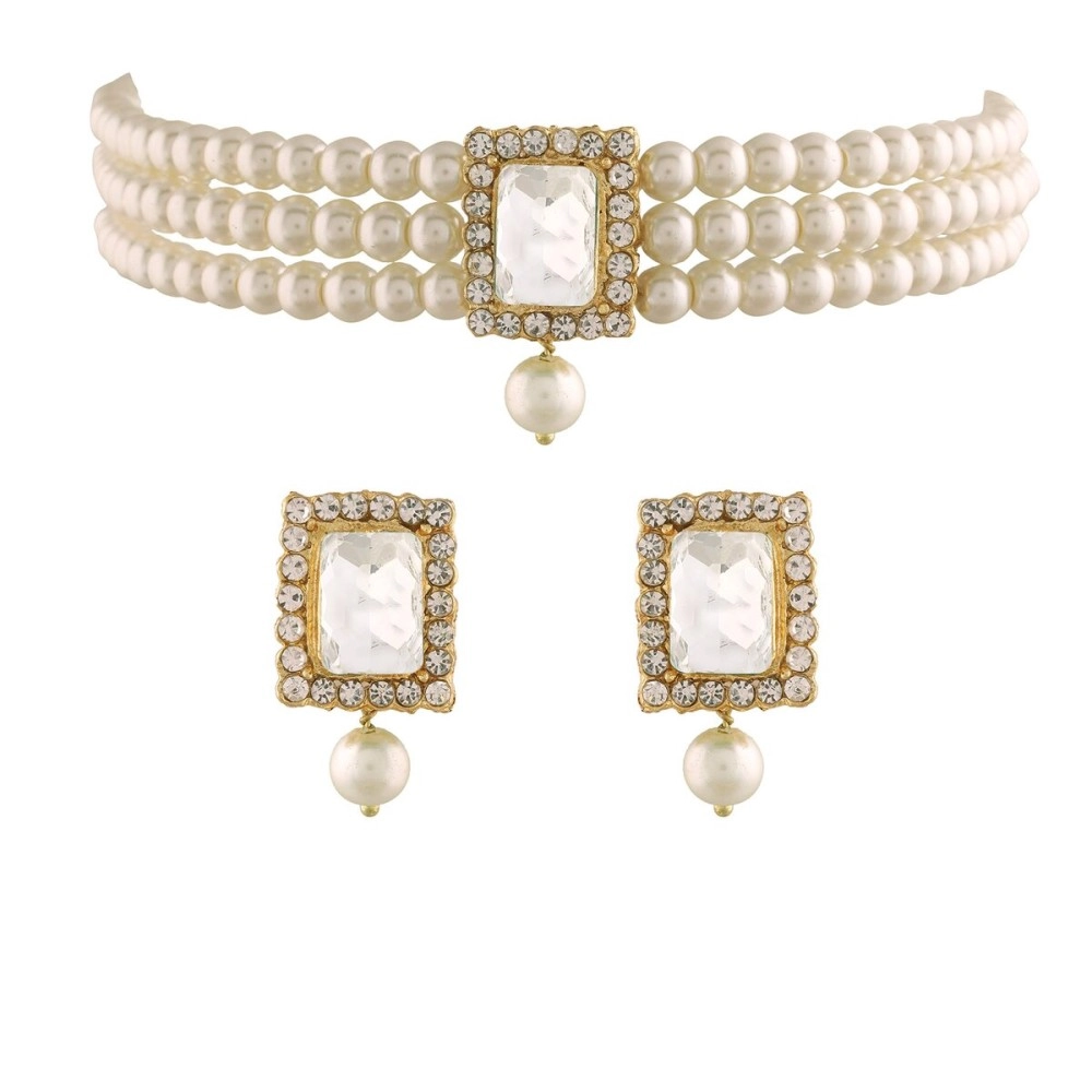 I Jewels Gold Plated Indian Wedding Bollywood Pearl Choker Necklace Set with Earring (ML237W)