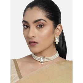 I Jewels Gold Plated Indian Wedding Bollywood Pearl Choker Necklace Set with Earring (ML237W)