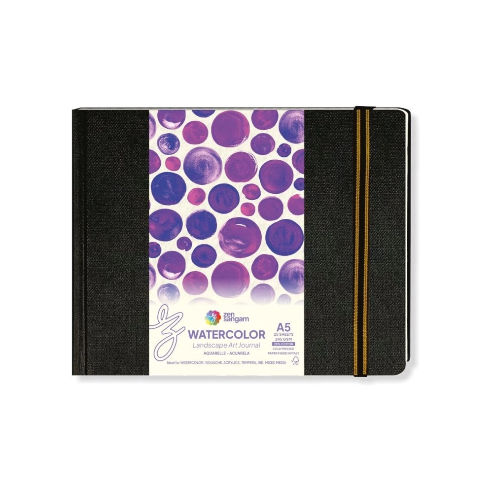 Zen Sangam Express your Mind Zen Sangam Artists - A5 Watercolor Art Journal Landscape - 245 GSM - 20% Cotton Cold Pressed - (50 Pages) - Size (14.8x21cm) - Watercolour Book - Black.